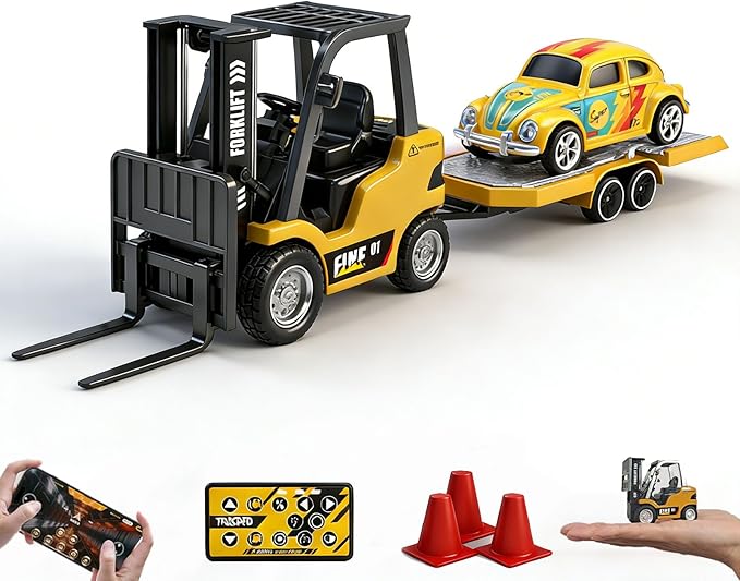 1/64 Scale RC Forklift Crane, 2.4GHz Metal RC Truck, 2-in-1 Construction Vehicle with Hook & Metal Forks, Dual Speed, APP Control, Construction Vehicle Hobby Toy for Adults and Kids