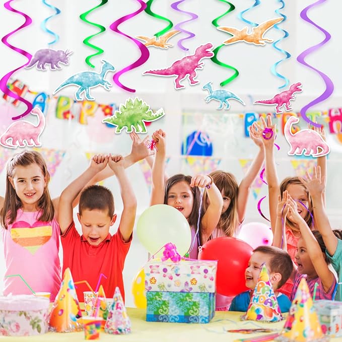WERNNSAI Watercolor Dinosaur Party Hanging Swirl - 24Pcs Dinosaur Party Decorations for Girls Kids Birthday Baby Shower Foil Whirls Ceiling Streamers Spirals Dino Theme Party Supplies