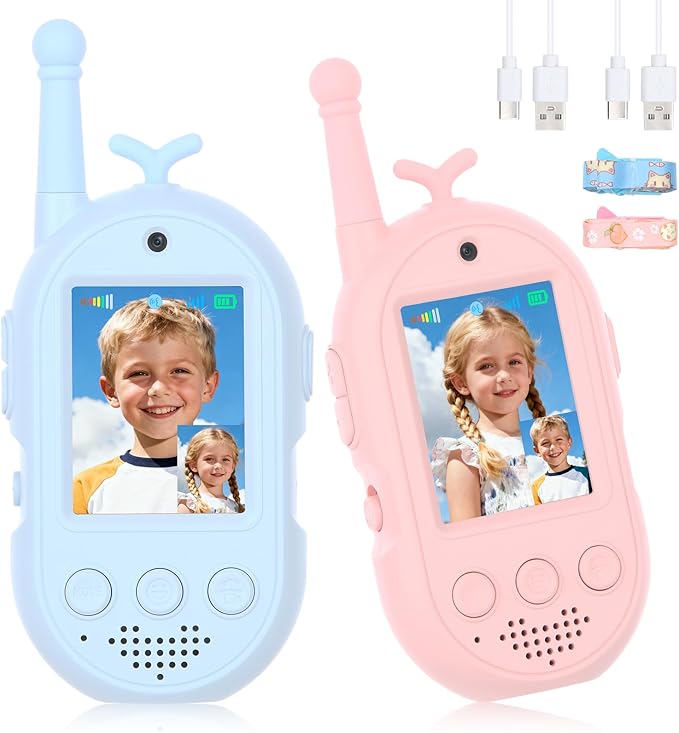 Video Walkie Talkies for Kids, 2 Pack Kids Walkie Talkies Rechargeable, Voice Changer & Sticker Effect,Long Range Toys for Family Games, Outdoor Camping, Gifts for Boys and Girls Ages 3-12