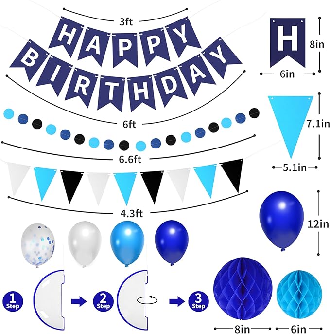 33 Packs Birthday Party Decorations, Happy Birthday Hanging Banner Circle Dot Triangles Honeycomb Balls Balloon Decor Set For Boys Girls Men Women Teen(Blue&Black)