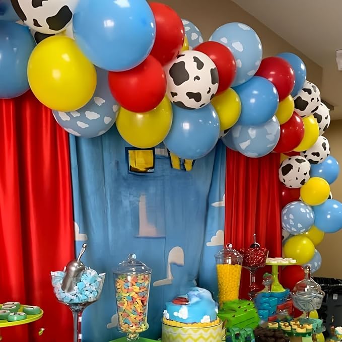 Red Blue Yellow Balloons 12inch Cow Print Sky Blue White Cloud Balloon for Kids Farm Theme Cowboy Birthday Party Decorations Western Blue Red Yellow Beige Latex Helium Balloon for Arch