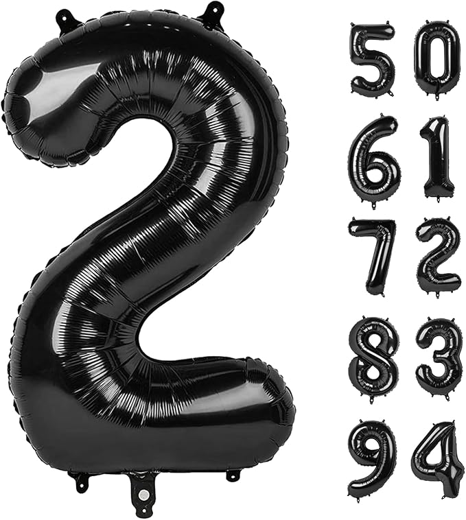 Number 2 Balloon, Black, 40 Inch, Unisex, Birthday Decorations, All Ages, Reusable, Self Sealing, Foil Mylar