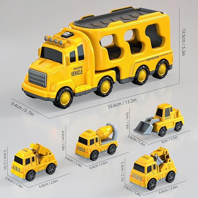 5 in 1 Construction Trucks Cars Toys for Toddlers 3-5, Boy Toddler Car Truck Toys with Light Sound, Includes Crane, Mixer, Bulldozer & Excavator, Birthday Gifts Toys for 2 3 4 5 Year Boys