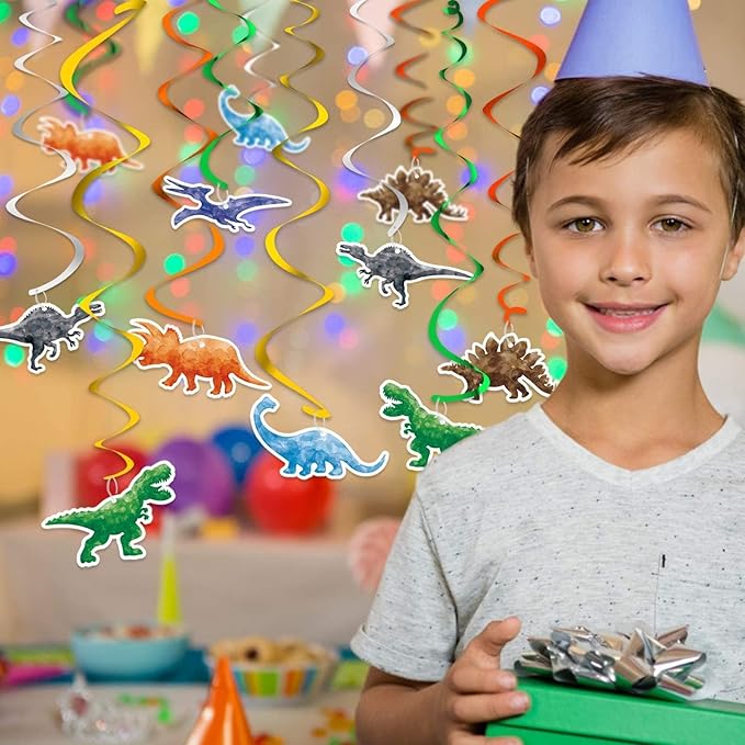 Watercolor Dinosaur Hanging Swirl - 24PCS Dinosaur Party Decorations for Boys Kids Dino Theme Birthday Party Supplies Jurassic World Hanging Spiral Garlands Ceiling Decor
