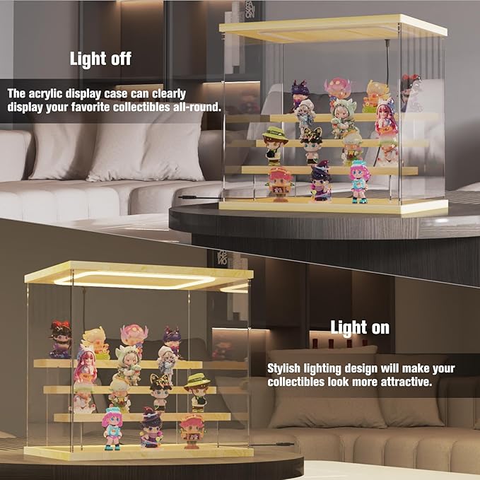 Nynelly Acrylic Lighted Display Case for Collectibles, 4 Tier Figure Display Box with Door and Steps, Assemble Dustproof LED Showcase Storage Box for Mini Figures, Funko Pop, Toys, Wood Color