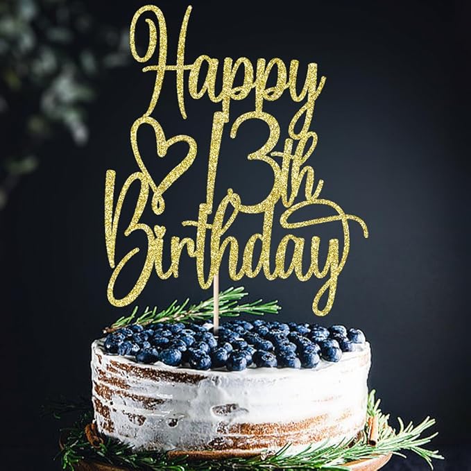 Gold Glitter Happy 13th Birthday Cake Topper - Cheers to 13 Years Cake Topper, 13 & Fabulous Cake Decoration for Hello 13th Birthday Anniversary Party Cake Decorations Supplies