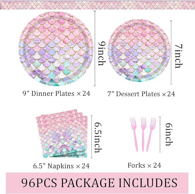 96 Pcs Mermaid Birthday Party Decorations Plates Set for 24 Guests,Little Mermaid Party Supplies Ocean under the Sea Tableware Plate, Fork, Napkins for Princess Girls Baby Shower