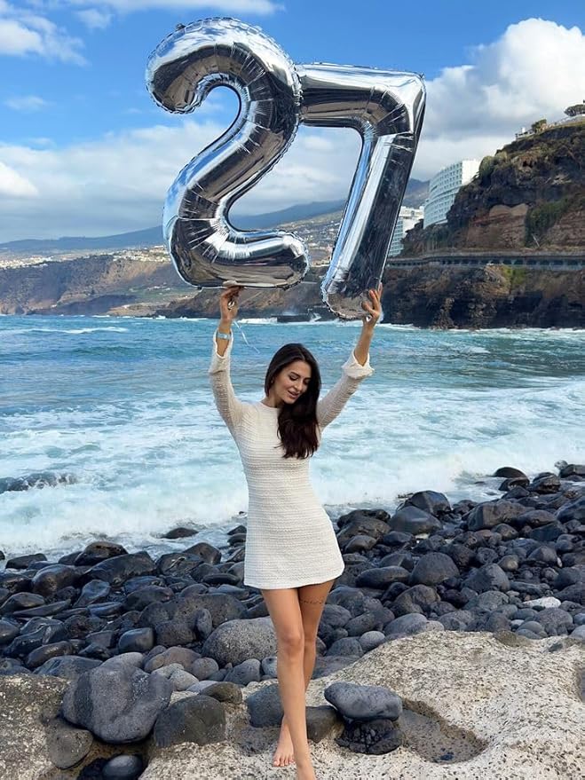27 Balloon Number, Large Silver Happy 27 Birthday Decoration for Men & Women 2 7 27 72, Foil Number Balloons for Wedding Graduation Celebration Anniversary Supplies