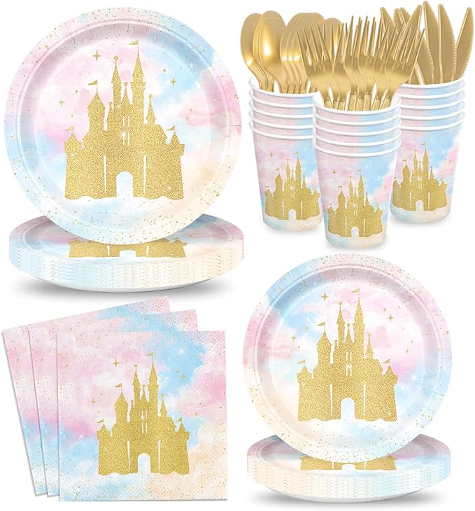 168pcs Princess Party Decorations Castle Paper Plates Napkins Disposable Tableware Set Paper Cups Watercolor Pastel Rainbow Princess Castle Birthday Party Supplies Serves 24