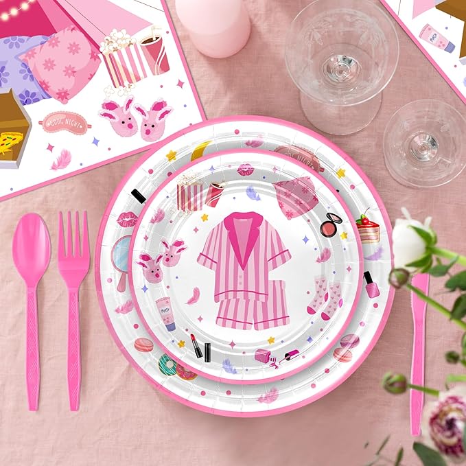 Avezano 192 Pcs Sleepover Party Supplies for Girls Plates Napkins Set Pajama Party Decorations Sleep Over Theme Slumber Decor Disposable Dinnerware for 24 Guests