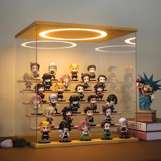 Acrylic Display Case with Adjustable LED Light, 6 Tier Clear Display Box Dustproof Showcase for Action Figures, Collectibles and Mini Toys, Assembly Display Cabinet(Wood 15.5*12.5*16.7in)