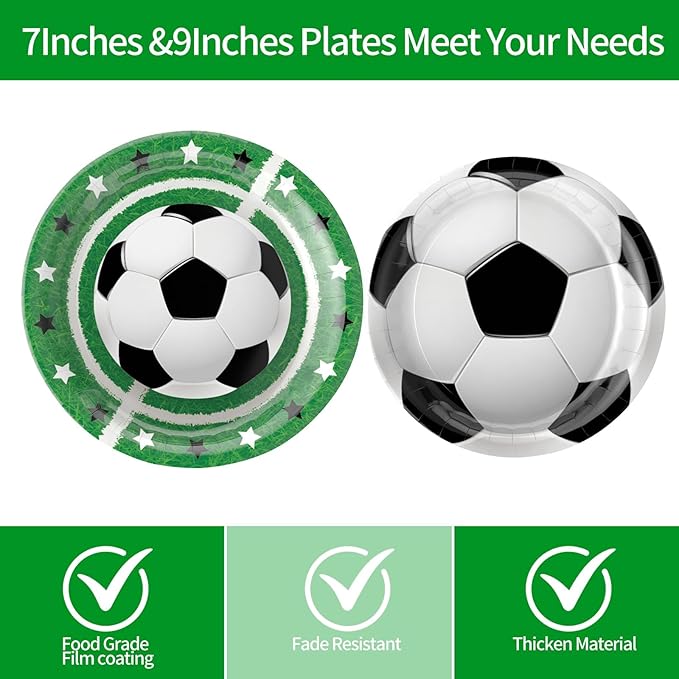 96Pcs Soccer Plates and Napkins Party Supplies- Sports Birthday Paper Plates Napkins Forks Dinnerware Soccer Ball Party Decor for Soccer Fans Baby Shower Boys Girls Birthday Gatherings Serves 24