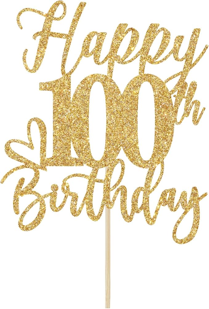 Happy 100th Birthday Cake Topper, 100th Birthday Decorations for Men/Women, Cheers to 100 Years, 100 Fabulous, 100th Birthday Party Supplies Gold Glitter