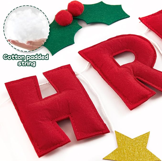 Merry Christmas Banner with Red Berries And Leaves,Christmas Banner Decoration with Gold Stars,Xmas Bunting Garland Felt Party Supplies For Wall,Fireplace Mantel,Window.