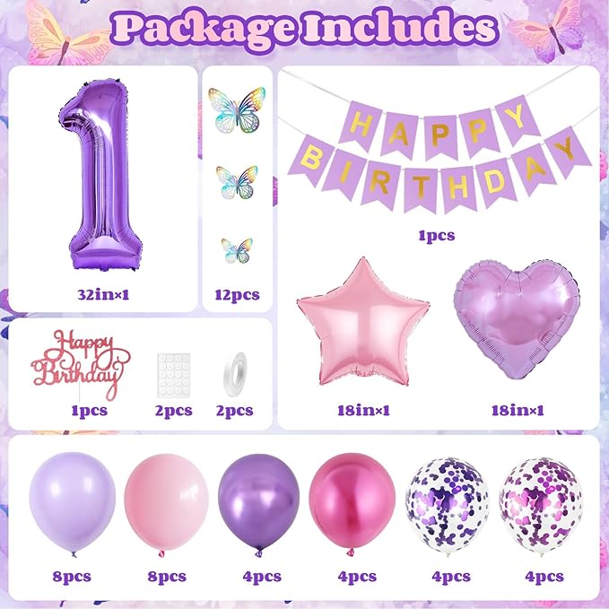 1st Birthday Decoration for Girls,Pink Purple 1st Birthday Balloon Number 1 Balloon with Butterfly Stickers Star Heart Foil Balloons Banner for Baby 1 Year Old Party Decor