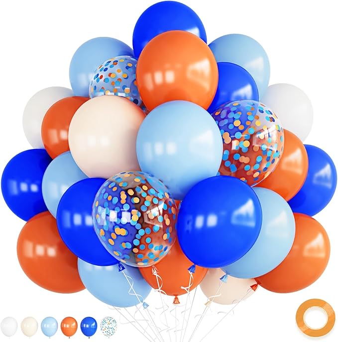 Blue and Orange Balloons, 12 Inch Light Royal Blue Pastel Orange Confetti Balloon, White Helium Balloons for Kids Boys Theme Party Baby Shower Happy Birthday Party Decoration Supplies
