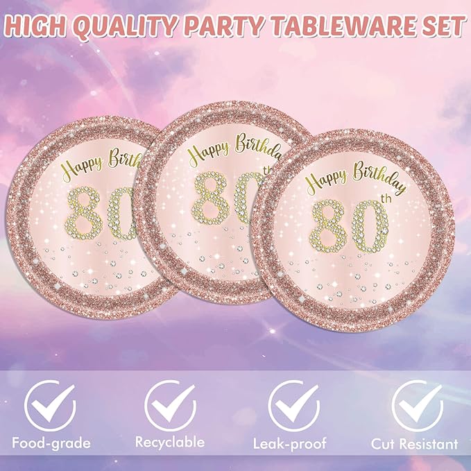 40PCS 80th Birthday Decorations for Women Vintage 1946 80 Year Old Party Decorations Include 80th Birthday Plates and Napkins Set Rose Gold Birthday Disposable Tableware Kit for Girl Ladies Women