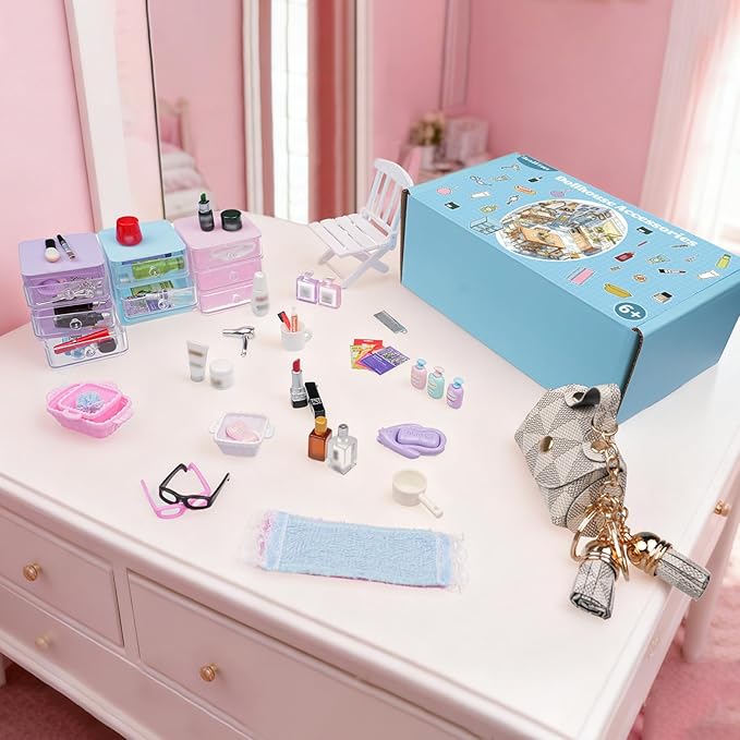 77Pcs Dollhouse Bathroom Accessories Set - Miniature Makeup & Toiletries with Storage Cases, Handbag, Hair Dryer - 1:12 Scale Doll House Decor for Girls