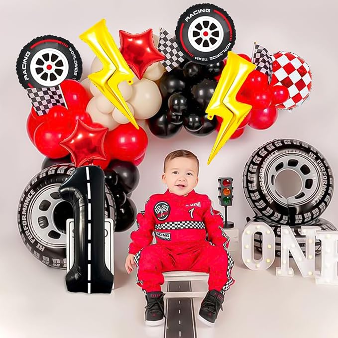 Cartoon Race Car Birthday Party Decorations Lightning Bolt Foil Balloons Race Car Balloons 40 Inch Racetrack Number 1 Balloon for 1st Cars Themed Party Decor Supplies