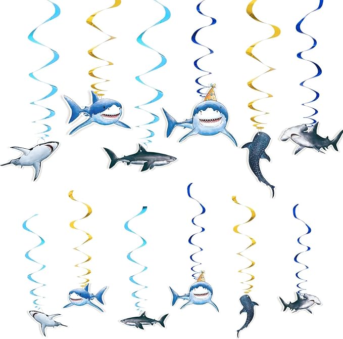 WERNNSAI Shark Party Hanging Swirls – 24 PCS Shark Party Supplies Birthday Decorations for Boys Ocean Shark Themed Party Baby Shower Ceiling Decor