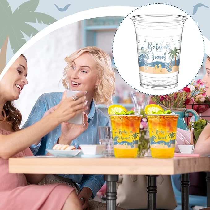 Qinyoung 50 Pcs 16 oz Surfboard Cups for Baby on Board Theme Baby Shower Decorations Summer Beach Party Supplies Plastic Disposable Drinking Cups Summer Birthday Party Supplies
