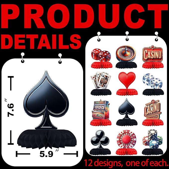 12 Pack Casino Table Decorations - Casino Party Decorations for Adults' Birthday and Themed Events - Casino Table Toppers