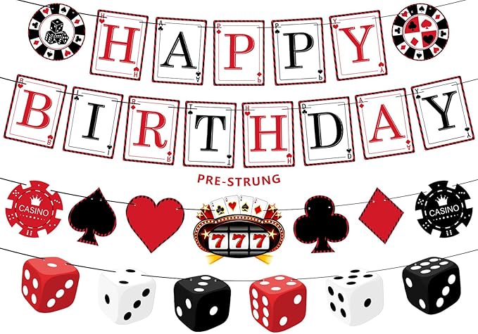 Pre-Strung Casino Party Decorations NO DIY Poker Happy Birthday Banner Casino Theme Banners Las Vegas Poker Night Party Supplies