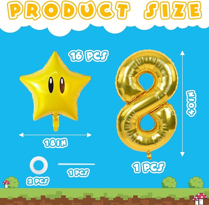 16PCS Foil Star Balloons, 40Inch Number 8 and Star Foil Balloons For Game Theme 8th Birthday Party Decorations Children Party Supply Party Decor （8th）