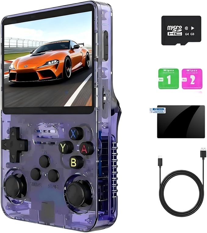 R36S Handheld Emulator Game Console, Portable Retro Gaming Device, Linux System, 3.5″ IPS HD Screen, 64GB Storage, 3500mAh Battery, Preloaded 20,000+ Games (Purple Transparent)