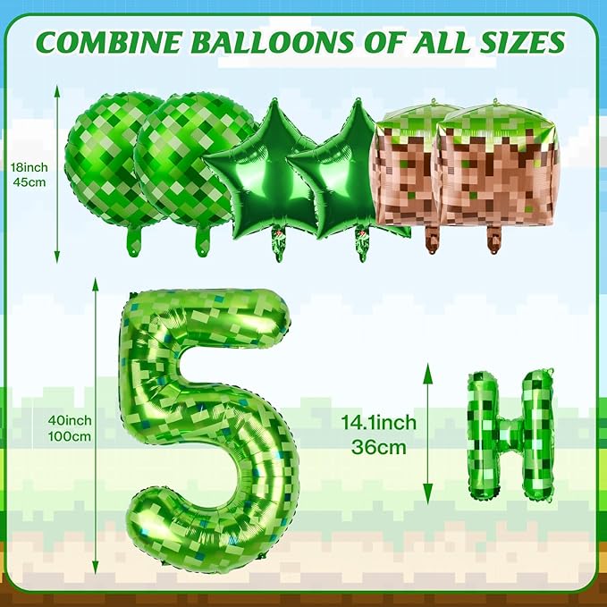 Green Pixel Themed Happy Birthday Banner Party Decorations Set Including 40 Inch Number 5 Foil Balloons, Themed Party Essentials, TNT Pixel Backdrop Supplies for Boys Indoor Outdoor Celebration
