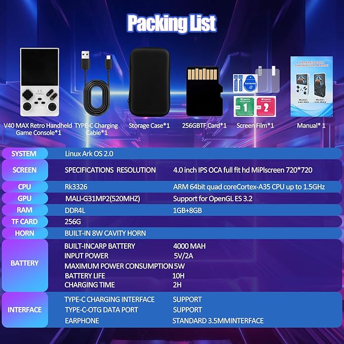 2026Newly Upgraded V40 MAX Retro Handheld Game Console with 256G Built-in 20000+ Classic Games, 4.0 Inch 4K HD IPS Screen Open Source Linux System, 4000mAh Battery, Portable Pocket Video Game Console