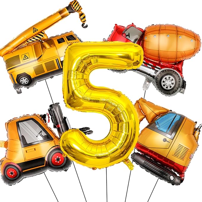 Construction Birthday Party Supplies 5 Year Old, Large Construction Balloons 40Inch Gold Number 5 Balloon Construction Truck Foil Balloons for Boys 5th Construction Birthday Party Decorations