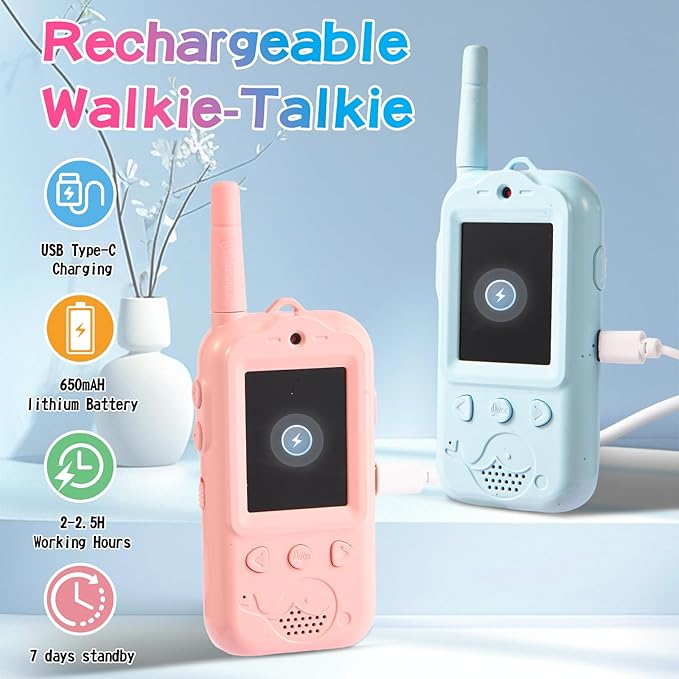 Video Walkie Talkies for Kids,Dual Camera 2-Pack Rechargeable Video Intercom Long Range Walkie Talkies,Voice Chat&Photo,Gifts for Age 3-12 Boys Girls Indoor Outdoor Games,Camping (Blue + Pink)