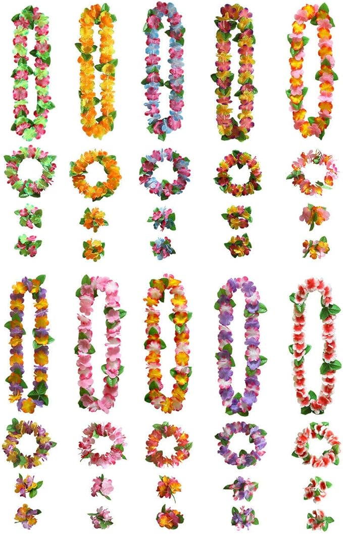 40 PCS Hawaiian Luau Leis,Tropical Luau Party Supplies of Hula Garland Necklaces Bracelets Headband Jumbo Simulated Silk Flowers for Hawaii Decorations, Beach Theme Party Decorations