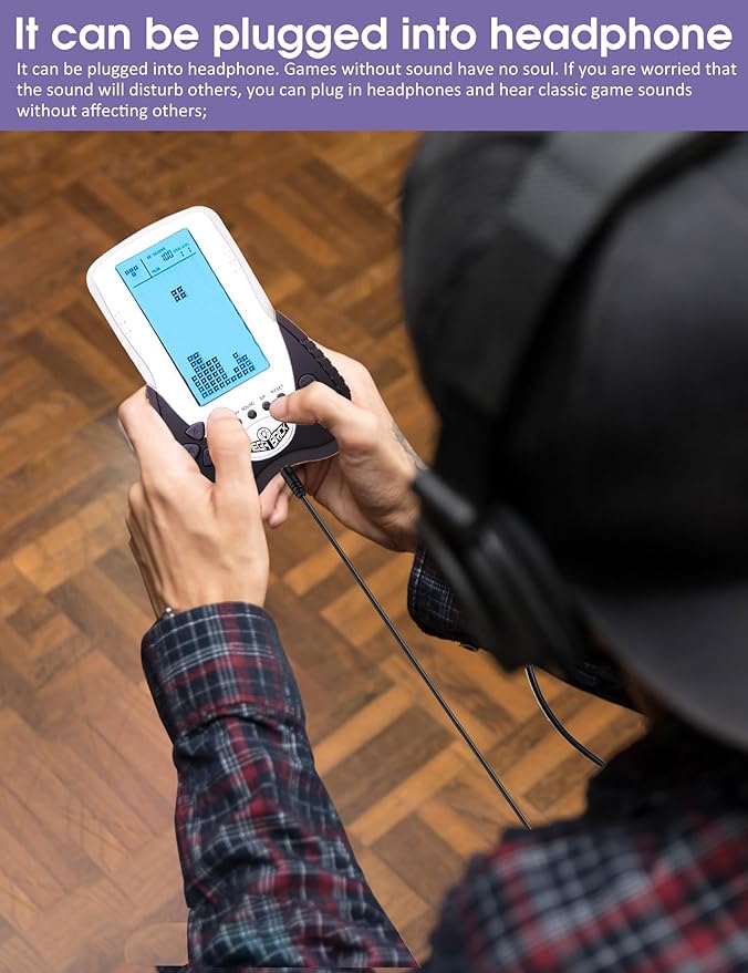 New Retro Block Brick Game Console Large Screen Blue Backlight Brightness can be Adjusted Build in 23 Game Compatible with Lithium Battery/AAA Batteries can Plug in Headphone (Black)