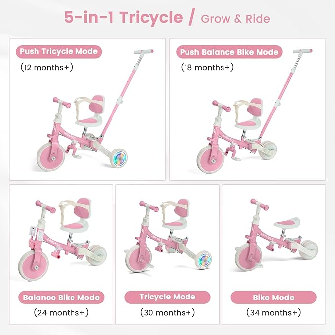5-in-1 Tricycle for Toddlers 1-3, Convertible Toddler Bike with Push Handle & Removable Pedals, Balance Bike with Colorful Lighting Wheels, Adjustable Seat Height with Backrest(Pink)