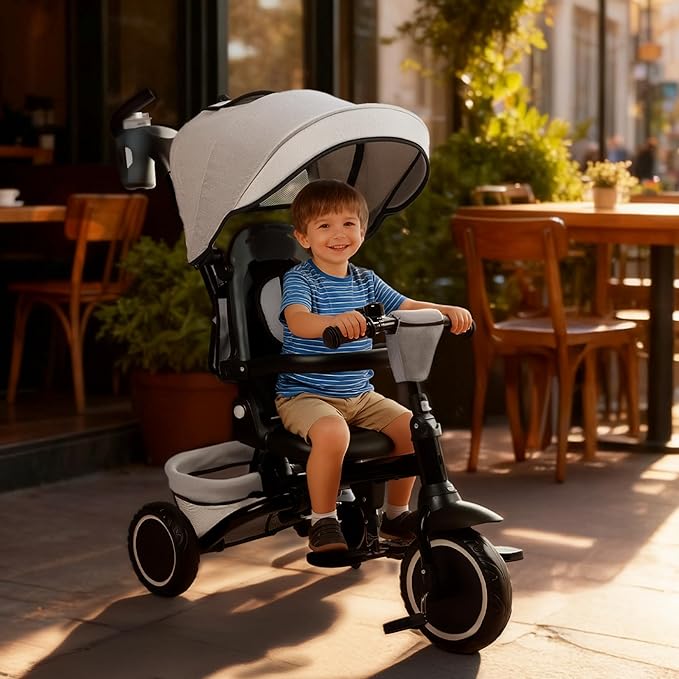 8 in 1 Kids Tricycle, Folding Toddler Tricycle w/Reversible Seat, Adjustable Push Rod & Canopy, Baby Trike Toddler Bike w/Bell, 5-Point Harness, Extra Storage, Cup Holder, Gray