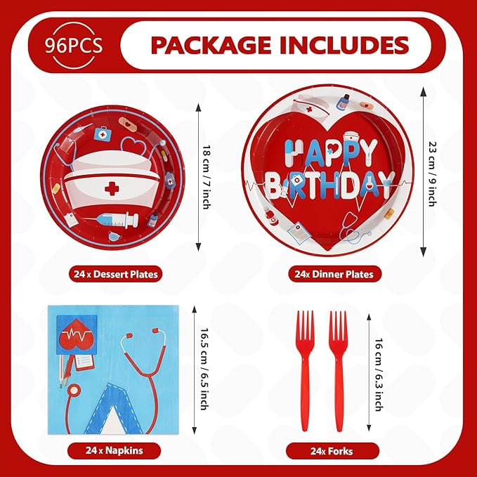 96Pcs Nurse Happy Birthday Party Decoration Red and Blue Plates and Napkins Medical RN Themed Tableware Set for Medical RN Nurse Birthday Graduation Baby Shower Party Supplies, Serves 24