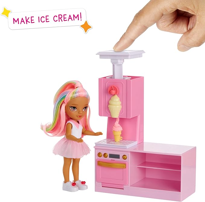 Rainbow High Littles Dessert Shop Playset + Small Doll (Pink 5.5”), Make Ice Cream and Sweets, Kids Gift 4+