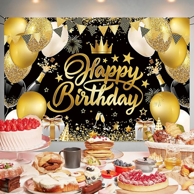 Black Gold Happy Birthday Backdrop Decorations Black Gold Happy Birthday Banner Photo Background for Home Indoor Outdoor Party Decorations Supplies 70.8 x 47.2 Inch