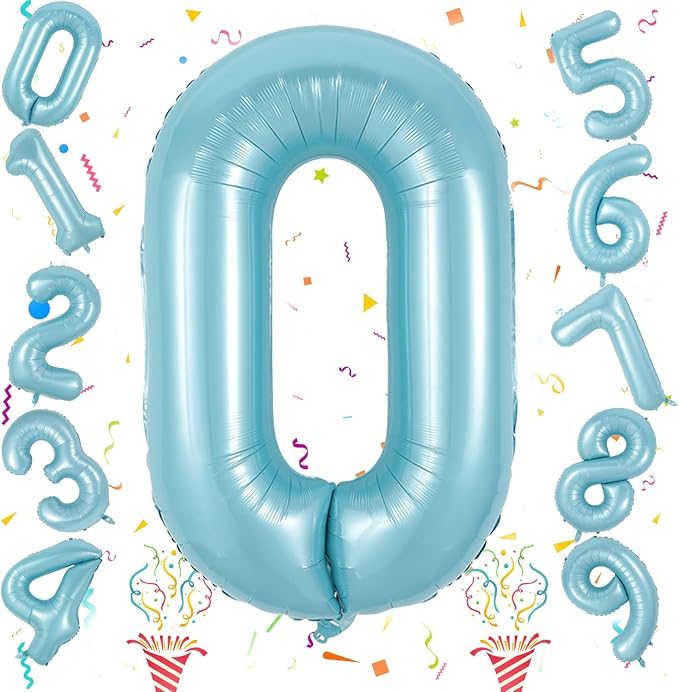 40 Inch Pastel Blue Number 0 Balloons, Giant Self Inflating Foil Number Balloon 0-9 for Boys, Baby Light Blue Mylar Helium 0 Balloons for Kids Age Birthday Party Decor Anniversary Decorations Supplies