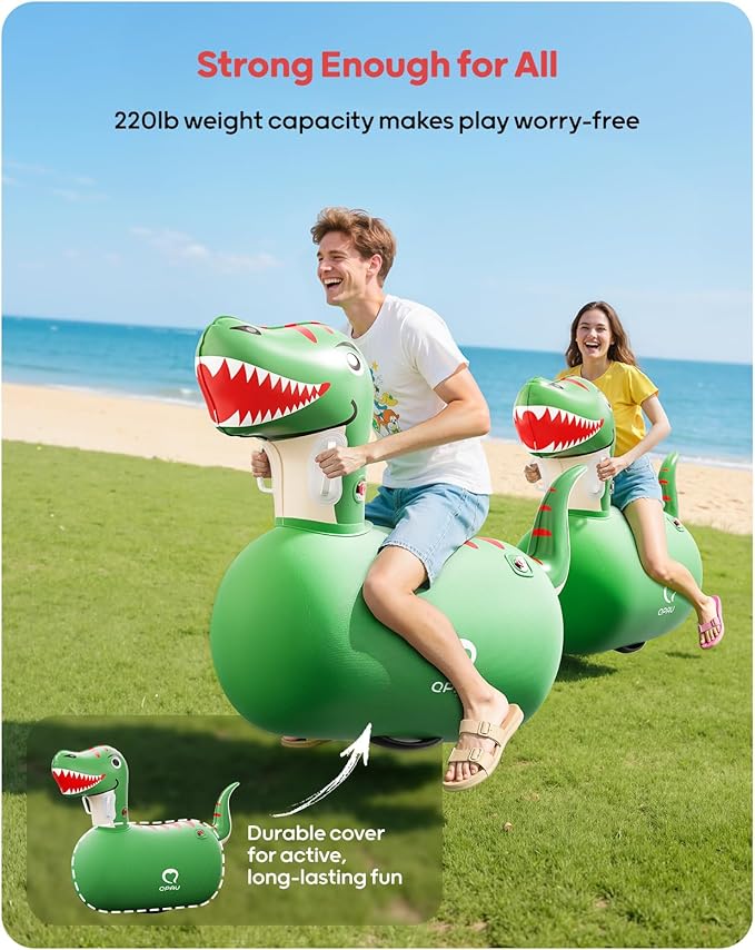 QPAU Inflatable Bouncy Dinosaur Toys 2 PCS with Hand Pump, Heavy Duty Giant Bouncy Pal, 220lbs Load Capacity, Ride On Bouncy Animal Hopper Toy, Indoor Outdoor Bouncers for Kids Girls Boys Ages 5+