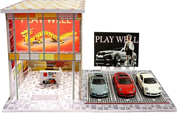 1/64 Model Car Display Shop Case for Adults, Premium in-House-Design Scale Diecast Parking Garage for Toy Cars, Toys Car Garage, Scenic Diorama Display Car Park with ith LED Lamps, Gifts for Men