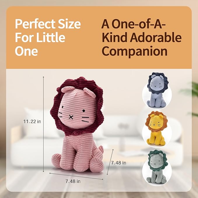Lion Plush Corduroy (Green) 11" Stuffed Animal for Baby, Toddler, Kids, Adults - Lion Corduroy Toy-Adorable Toy Made from Kid-Friendly, Quality Material