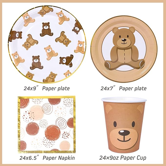 Brown Teddy Bear Baby Shower Plates - Teddy Bear Paper Plates,Disposable Cups,Napkin with Firework Pattern in Golden Border for 24 Bear Theme Party Supplies ,Baby Shower Wedding Birthday Party