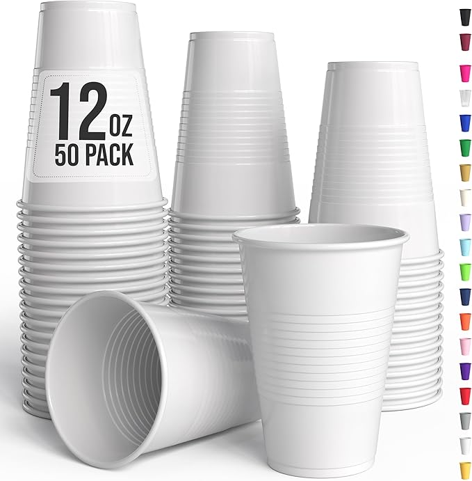 Exquisite Party Solids 12 Oz White Plastic Cups For Party Supplies 50 Pack | White Disposable Cups Plastic | Disposable Drinkware For Parties, Events & Everyday