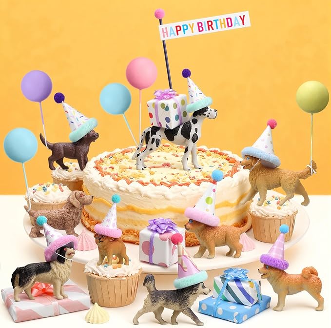 Weysat 37 Pcs Dog Birthday Party Decorations, Puppy Cake Cupcake Toppers with Mini Hats Miniature Flags Gift Boxes Balls Figure Models for Dog Puppy Themed Party Supplies for Adults