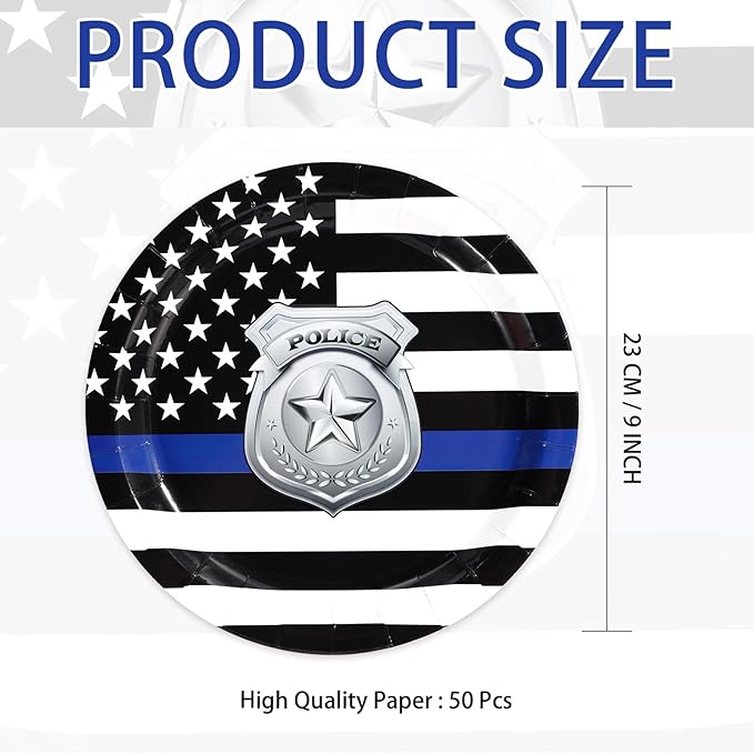 50 Pcs Police Academy Graduate Paper Plates 9" Blue Line Police Retirement Dessert Plates Disposable Congrats Officer Party Supplies for Law Enforcement Cop Graduation Promotion Party Decorations