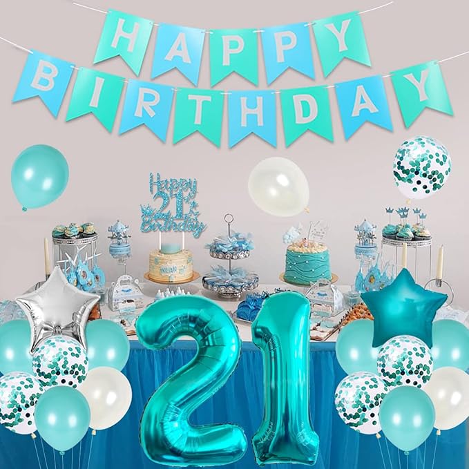 21st Birthday Decorations for Women - Teal Happy Birthday Banner, Cake Topper, Girl Sash, Number 21 Foil Balloon, Finally Legal Themed Twenty One Party Supplies