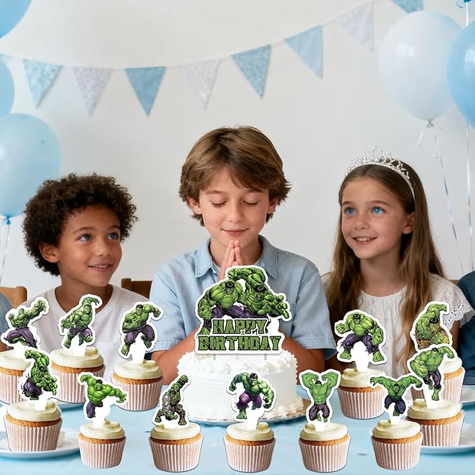 25Pcs For Hulk Birthday Party Supplies Pack Includes 1 Cake Topper 24 Cupcake Toppers for Hulk Party Supplies